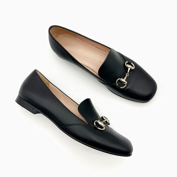 GUCCI Kira Horsebit Black Loafer Size 38 Leather Slip On Ballet Flats Almond Toe - Picture 1 of 12